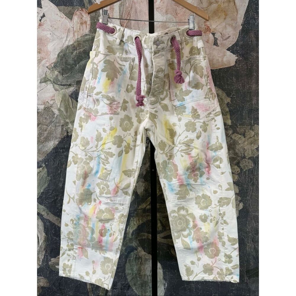 Free People Straight-Leg Floral Print Jeans with Pink Tie - Picture 5 of 11